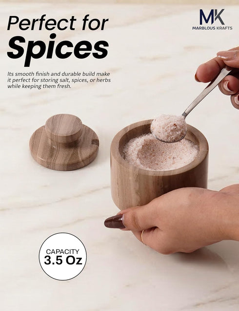 3" Countertop MARBLOUS KRAFTS Marble Salt Cellar with Lid & Spoon brown Small Flaky Salt Box, Sugar Jar, Spice Storage
