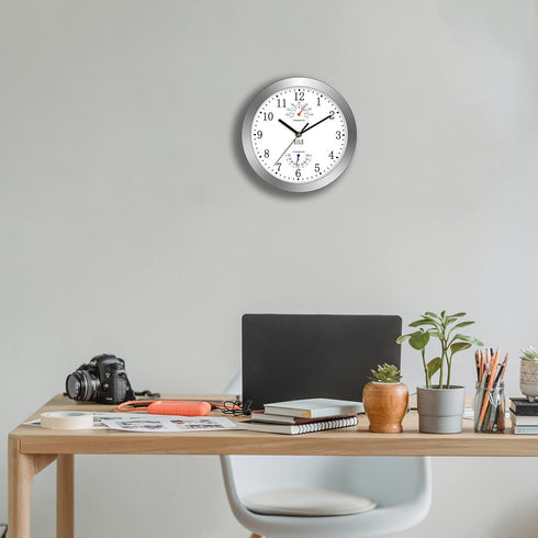 HITO 10 Inch Silent Wall Clock, Battery Operated, Non-Ticking, Glass Cover, Silver Aluminum Frame, Home Decor