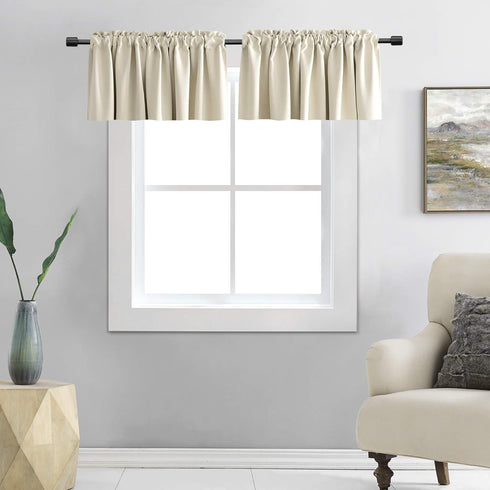 DONREN Cream Beige Curtain Valances for Kitchen, 42 x 12 Inches Long Room Darkening Rod Pocket Valances (2 Panels)