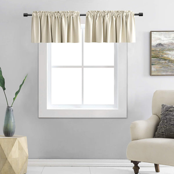 DONREN Cream Beige Curtain Valances for Kitchen, 42 x 12 Inches Long Room Darkening Rod Pocket Valances (2 Panels)