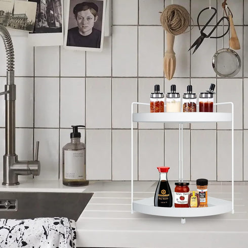 2 Tier Corner Shelf Rack Kitchen Counter Cabinet Bathroom Organizer Makeup Cosmetic countertop Organization and Storage Under Sink Organizers Perfume Trays for Dresser White by Lvssci