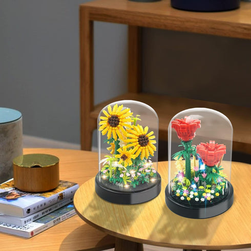 JESGO 2 Flowers Bouquet Sunflowers - Rose Building Kit, Creative Bonsai Tree Succulents Plant Blocks with LED Light