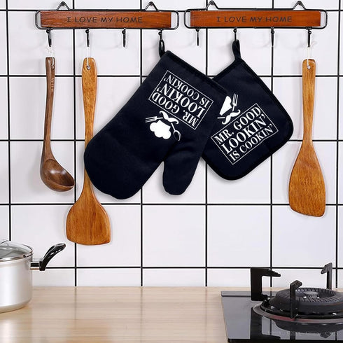 Mr. Good Looking is Cooking: Funny Oven Mitts and Pot Holders Set of 2, Silicone Non-Slip Kitchen Gift