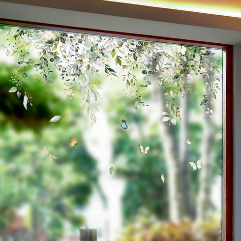 Hanging Vine Floral Window Clings - PVC Double-Sided Flower Leaf Anti-Collision Removable Decals for Home Party Shop