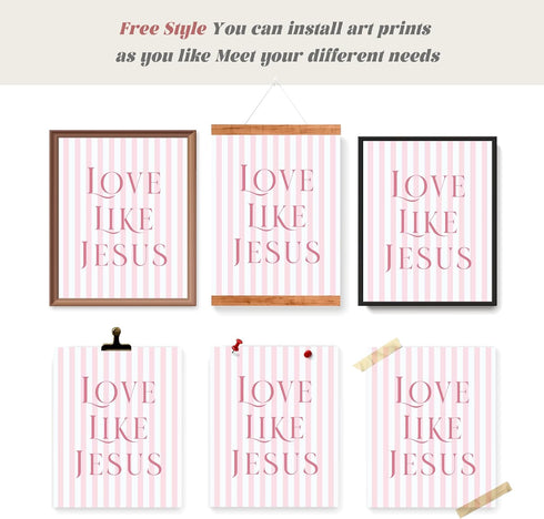 LARTSFRO 10x8 Inch Set 4 Coquette Pink Bow Jesus Wall Art Decor Posters, Light Pink Bow Christian Room Bedroom Bathroom