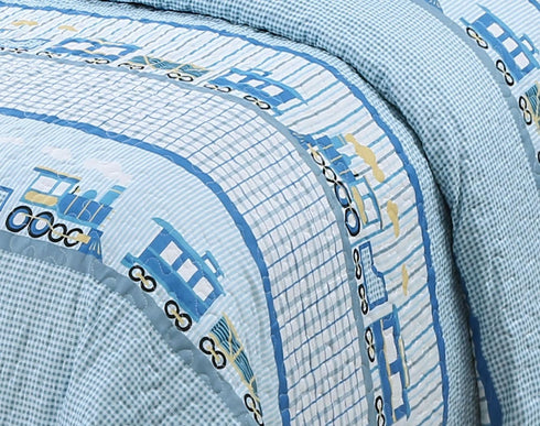 Kids Zone Home Linen Set Kids Zone Collection Train Print Kids/Teens Bedding Blue Gingham Pattern Full/Queen New # Choo