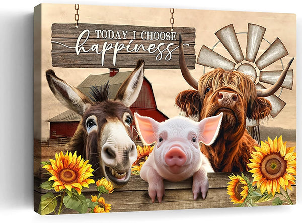 Beabalea Farmhouse Animals Canvas Wall Art - Rustic Sunflowers, Donkey, Cow, Pig Pictures for Bedroom, Bathroom, Living