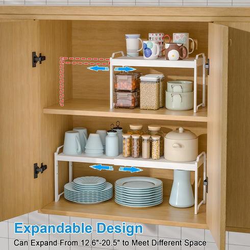 X-cosrack 2 Pack Counter 22 lbs Length:20.5" Expandable Kitchen Cabinet Shelves Organizers, Stackable Adjustable Small