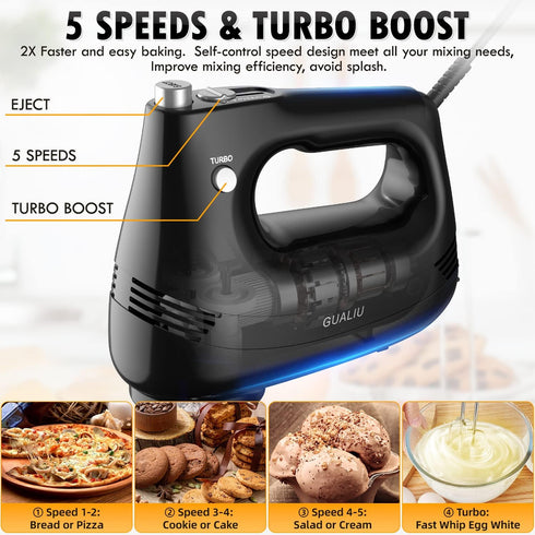 Electric Hand Mixer with Stainless Steel Whisk, Dough Hook Attachment, Storage Bag, Turbo Boost / 5 Speed Kitchen