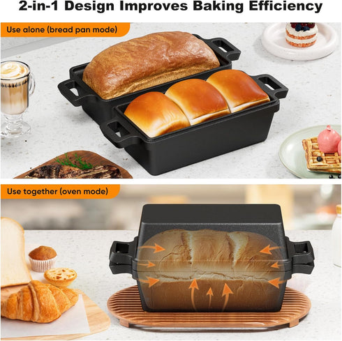 Heimekite 95 Inch 2 Set Cast Iron Loaf Pan with Lid, bread pans for baking, Piece | Even Heat Distribution Bread Baking