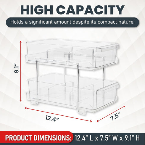 Masirs 2-Tier Clear Pull-Out Drawer Organizer, Compact Makeup and Closet Organizer, Easy Assembly Kitchen Storage