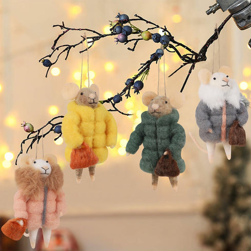 Set of 4 Christmas Felt Mice Ornaments - 4.7" Mini Hanging Wool Mouse Figurines for Holiday Decor