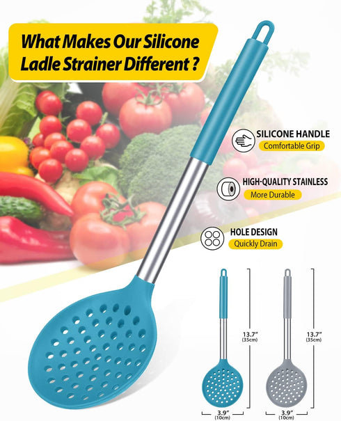 Kitchen Ladle Strainer Set of 2, Large Slotted Spoon with High Heat Resistant BPA Free Non Stick Cooking Skimmers (Grey