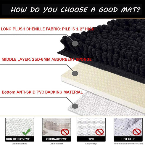 Black Bathroom Rugs Non-Slip Chenille Mat Set 3 Pieces Ultra Soft Absorbent Bath Carpet