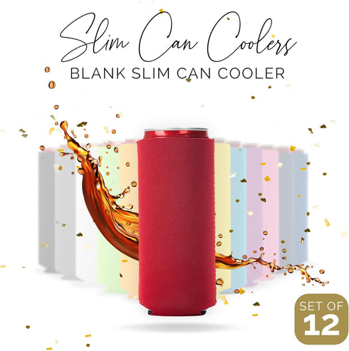 Slim Can Cooler Sleeves 12 Pack – Blank Foldable Neoprene 12oz Can Insulators – Skinny Beverage Coolers for Beer & Soda