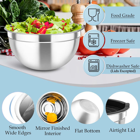 TeamFar Set of 6 Mixing Bowls, Stainless Steel Nesting Salad Bowls with 3 Grater Attachments for Cooking Prepping