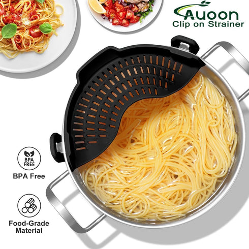 2PACK AUOON Clip on Strainer for All Pots Pans, Silicone Pasta Strainer Kitchen Colander, BlackGreen