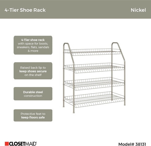 ClosetMaid 4-Tier 12 Closet, Wire Shoe Rack Organizer, Nickel Finish, Easy to Assemble, Holds Pairs, for Bedroom