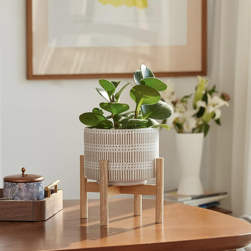 7.3 Inch LA JOLIE MUSE Ceramic Plant Pot with Wood Stand - Modern Round Decorative Flower Pot Indoor with Wood Planter