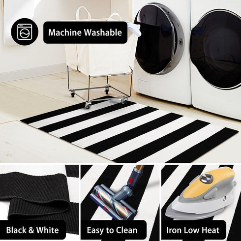 KOZYFLY Black and White Striped Area Rug 27.5x43 Inches, Cotton Washable Indoor Outdoor Doormat for Kitchen Entryway