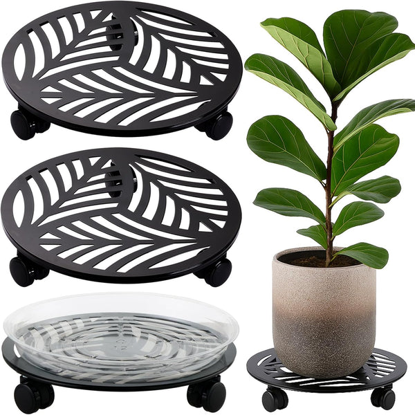 2 Packs Large Metal Plant Caddy with PU Wheels 12" Heavy-Duty Wrought