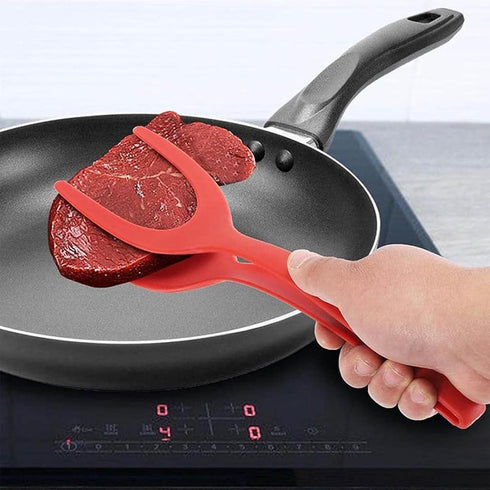 2 in 1 Grip and Flip Spatula Tongs, Large Non-Stick Food Clip Egg Turner for Cooking, Pancake, Omelet (Red)
