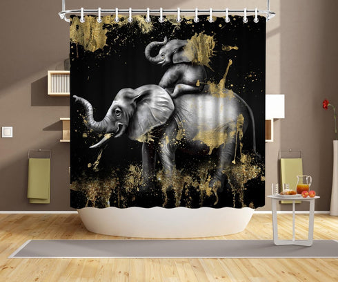 FuShvre Elephant Shower Curtain, Black and Gold Bathroom Decor with Hooks Included, 72"x 72"