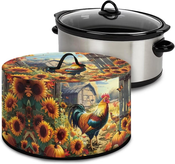 Slow Cooker Dust Cover with Oval Rooster Sunflowers Print, Fits 6-8 Quart Slow Cooker, Pocket Included