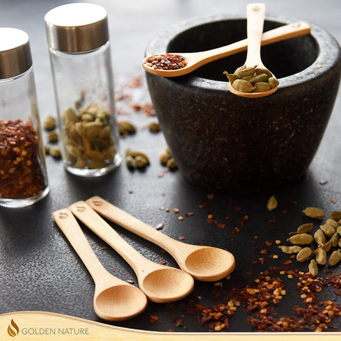 Golden Nature Bamboo Spoon Set (10 Pc), Tiny Wooden Spoons for Sugar, Spices, Seasoning, Coffee, Jam, Herbs, Dessert
