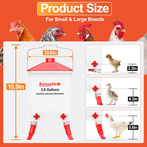 3.6 3 4 ZenxyHoC Gal Chicken Waterer with Anti-Roost Cone, Height Adjustable Locking Legs and Horizontal Nipples