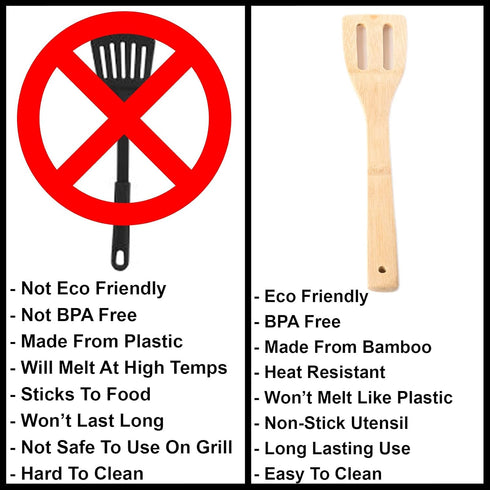 Huji Bamboo Wooden Spoons Set - Wooden Spatula Spoon for Cooking - Nonstick Kitchen Utensils