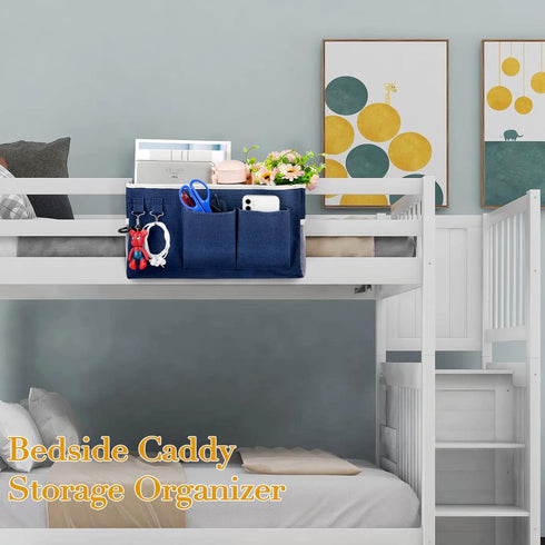 Bedside Storage Caddy, Hanging Storage Bag for Headboards, Bunk Beds, Dorm Rooms, Book Phone Magazine Holder (Navy Blue)