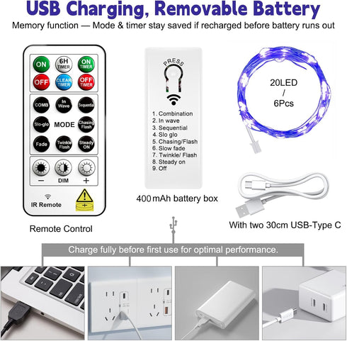 6 Pack 7Ft 20LED ZSJWL Rechargeable Fairy Lights with Remote & DIY Timer, Mini Battery String Light, Twinkle Silver