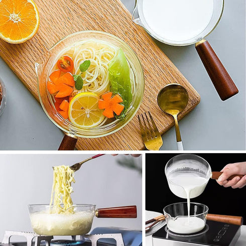 DOERDO Clear Glass Pot, Milk Pan with Wooden Handle, Breakfast Cooking Pot for Home Kitchen
