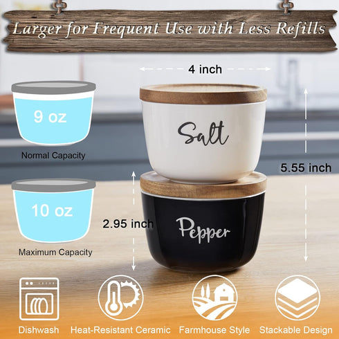 Salt and Pepper Bowls - 10 oz Ceramic Salt Cellar with Lid, Stacked Container with Acacia Wood Lid for Countertop, Set