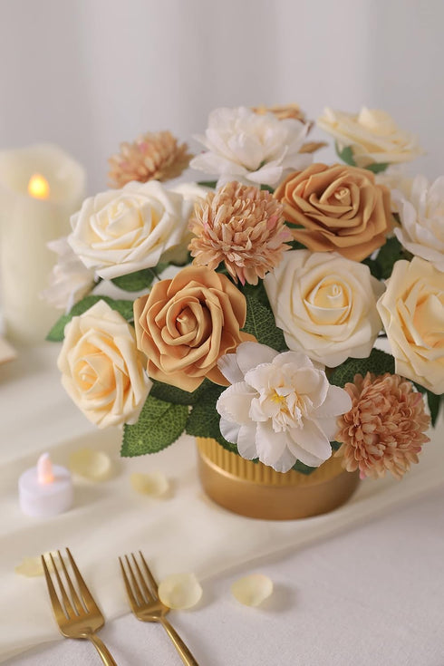 YYHUAWU White Artificial Flowers Combo Box Set, 25pcs Fake Flowers for DIY Wedding Bouquets (Champagne & White)