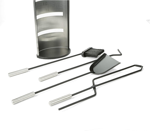 Mind Reader Fireplace Set with Stand - 4 Pcs, Durable Steel, Brush, Shovel Scoop, Poker, Tongs, Silver