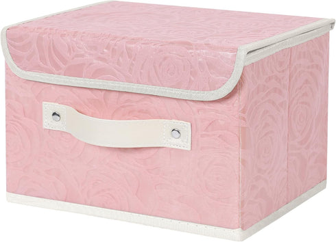 ANMINY Fabric Storage Bin with Lid, Rose Print Storage Box with PU Leather Handles, Washable PP Plastic, Pink, Small