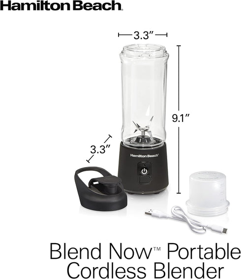 Hamilton Beach Mini Cordless Portable Blender for Shakes and Smoothies, USB Rechargeable, 16 oz Jar with Travel Lid
