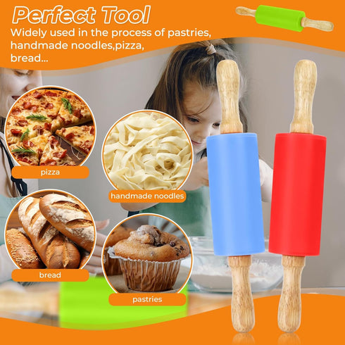 4 Pack Mini Rolling Pin for Kids, 9 Inch Wooden Handle Non-Stick Silicone Rolling Pins for Children Cake Baking