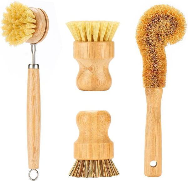 Bamboo Dish Brushes Sets, 4 Tools in One Kitchen Clean Dish Scrubber for Pots, Pans, Bottles with Natural Bristles