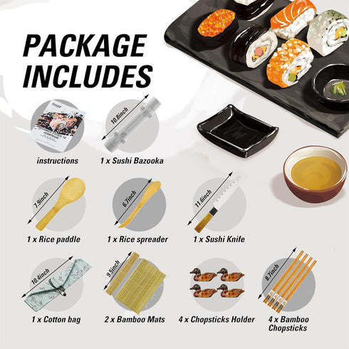 ISSEVE Sushi Making Kit, Sushi Bazooka Maker with Bamboo Mats, Chopsticks, Paddle, Spreader, Knife, DIY Roller Machine