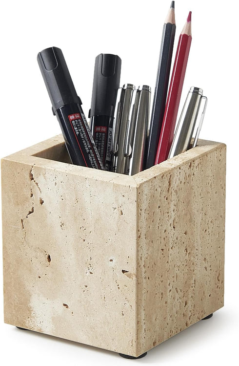 Countertop Real Natural Travertine Marble Toothbrush Holder & Pen Holder & Makeup Brush Holder & Utensil Holder