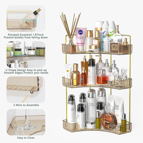 Webetop Countertop Bathroom Organizer, 3 Tier Corner Shelf for Makeup, Skincare, Cosmetic, Toiletries, Amber