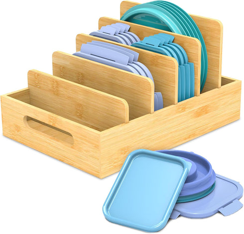 Retro Shaw Bamboo Food Container Lid Organizer with Adjustable Dividers for Cabinet,