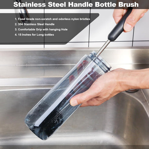Water Bottle Brush, 15 Inches Long Stainless Steel Handle Bottle Brush Cleaner, Bottle Scrubber, Kitchen Scrub Cleaning Brushes for Cup, Wine Glasses, Coffee Mugs, Tumblers, Wine Decanters, Black by HUMUTA