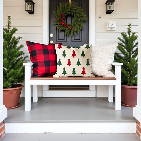 18x18 Set 2 Red and Green Christmas Tree Pillow Covers of Outdoor Farmhouse Xmas Holiday Throw Pillow Cases for Sofa