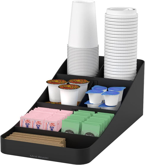 Mind Reader Cup and Condiment Station, Countertop Organizer for Coffee Bar, 7.25"L x 15.5"W x 5.25"H (Black)