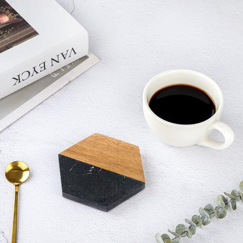 Set 4Pcs WLWNWFT Wood Black Marble Coasters for Drinks, Modern Rustic Acacia Hexagon Coaster Decorative Bar Coaster