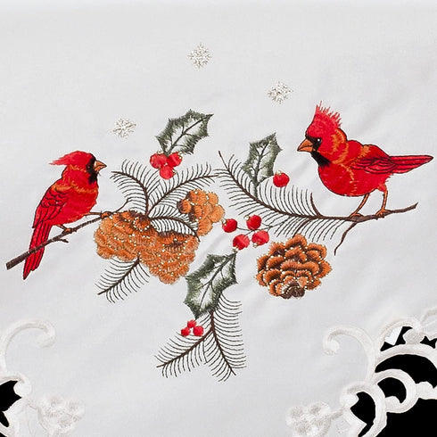 Embroidered Christmas Red Cardinals and Pine Cones Table Topper, Small Tablecloth (33 Inch Square)